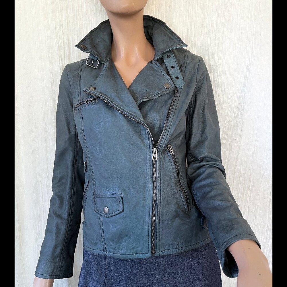 Lucky Brand Castle Rock moto style jacket dusty blue gray leather XS